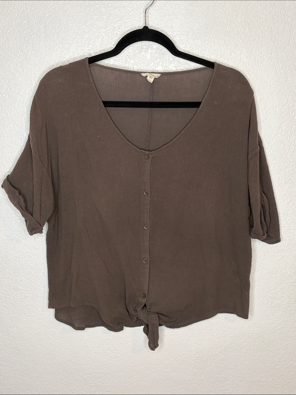 Garnet Hill Brown Button Down Tie Front Organic Cotton Crinkle Shirt Size 14